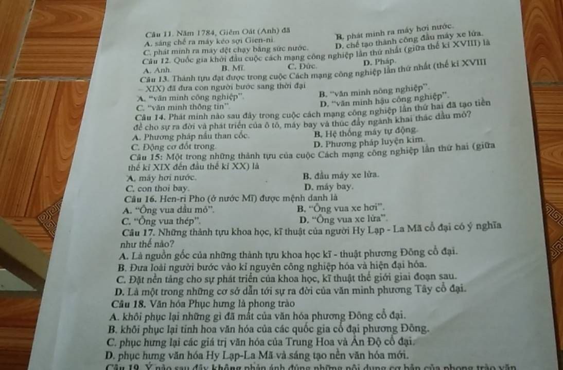 Ảnh đề trắc nghiệm lịch sử về Giêm Oát và các cuộc cách mạng công nghiệp
