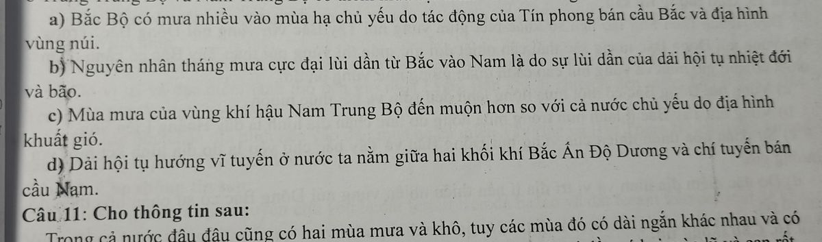 Sơ đồ khí hậu Việt Nam: Bắc Bộ mưa nhiều vào mùa hạ do Tín phong bán cầu Bắc và địa hình vùng núi, kèm các nhận định đúng sai về dải hội tụ nhiệt đới