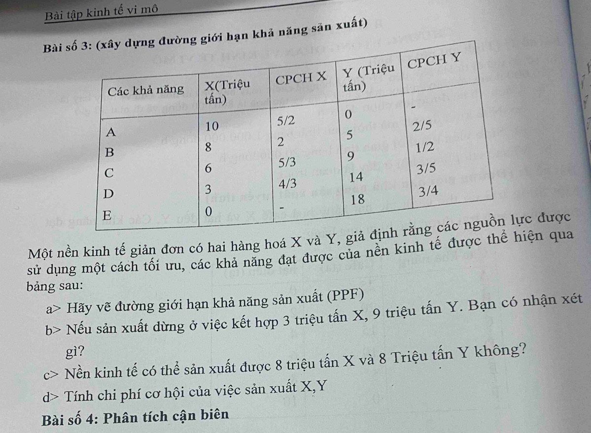 Bảng số liệu và đồ thị đường giới hạn khả năng sản xuất PPF của hai hàng hoá X và Y