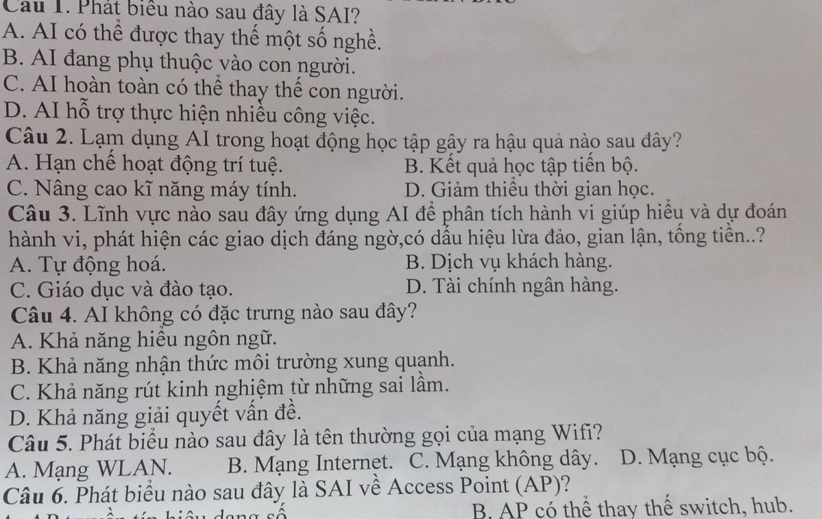 Câu hỏi phát biểu nào sau đây là sai về AI và các câu trắc nghiệm liên quan đến mạng WiFi, Access Point