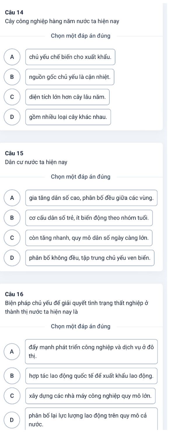 Sơ đồ câu hỏi trắc nghiệm Địa lí về cây công nghiệp hàng năm, dân cư và thất nghiệp ở thành thị nước ta