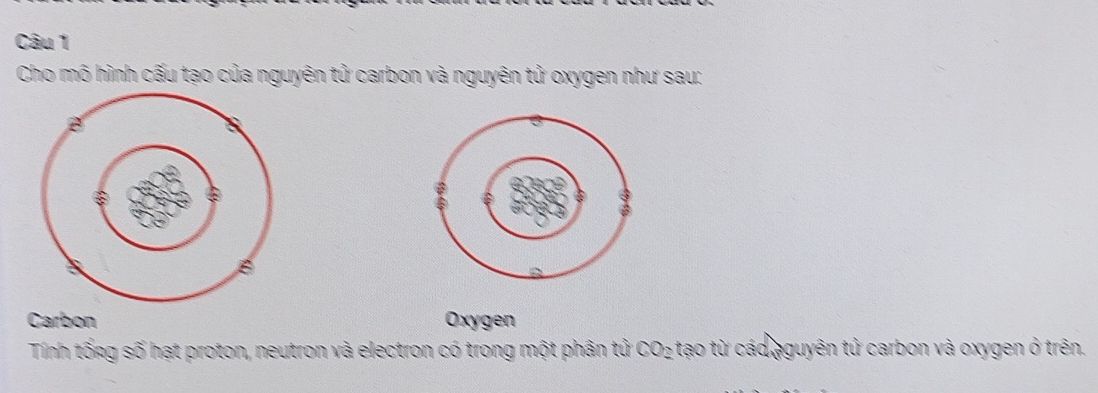 Mô hình cấu tạo nguyên tử carbon và nguyên tử oxygen với các lớp electron và hạt nhân