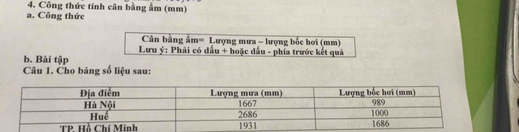 Bảng số liệu và công thức tính cân bằng ẩm bằng lượng mưa trừ lượng bốc hơi, áp dụng cho Hà Nội, Huế và TP. Hồ Chí Minh