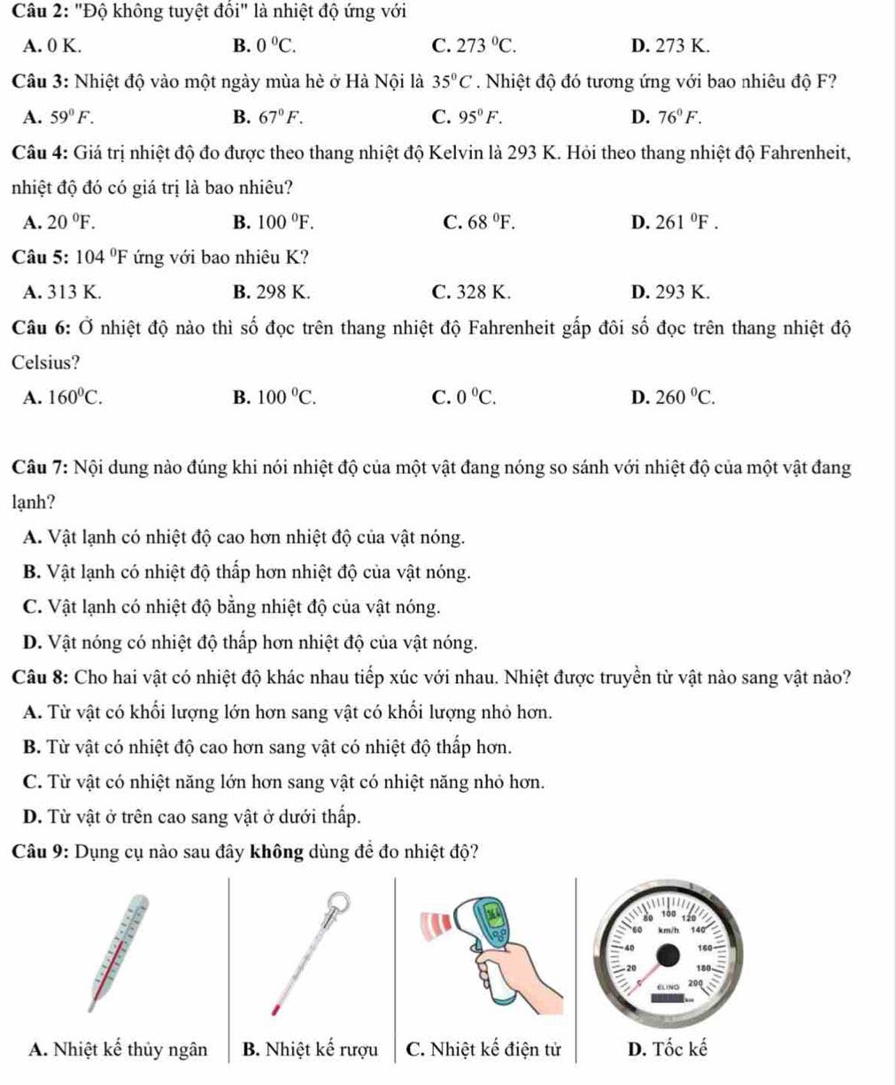 Bộ câu hỏi trắc nghiệm về độ không tuyệt đối, các thang nhiệt độ Celsius, Kelvin, Fahrenheit và sự truyền nhiệt
