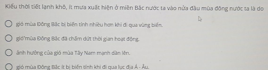 Sơ đồ gió mùa Đông Bắc tràn qua lục địa Á - Âu gây thời tiết lạnh khô, ít mưa ở miền Bắc Việt Nam nửa đầu mùa đông