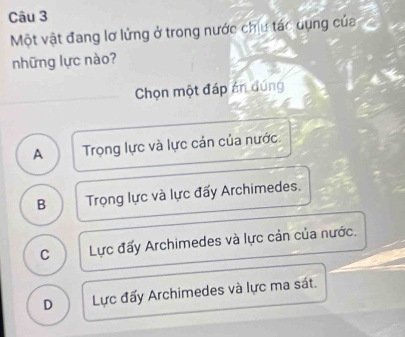 Một vật lơ lửng trong nước chịu tác dụng của trọng lực và lực đẩy Archimedes