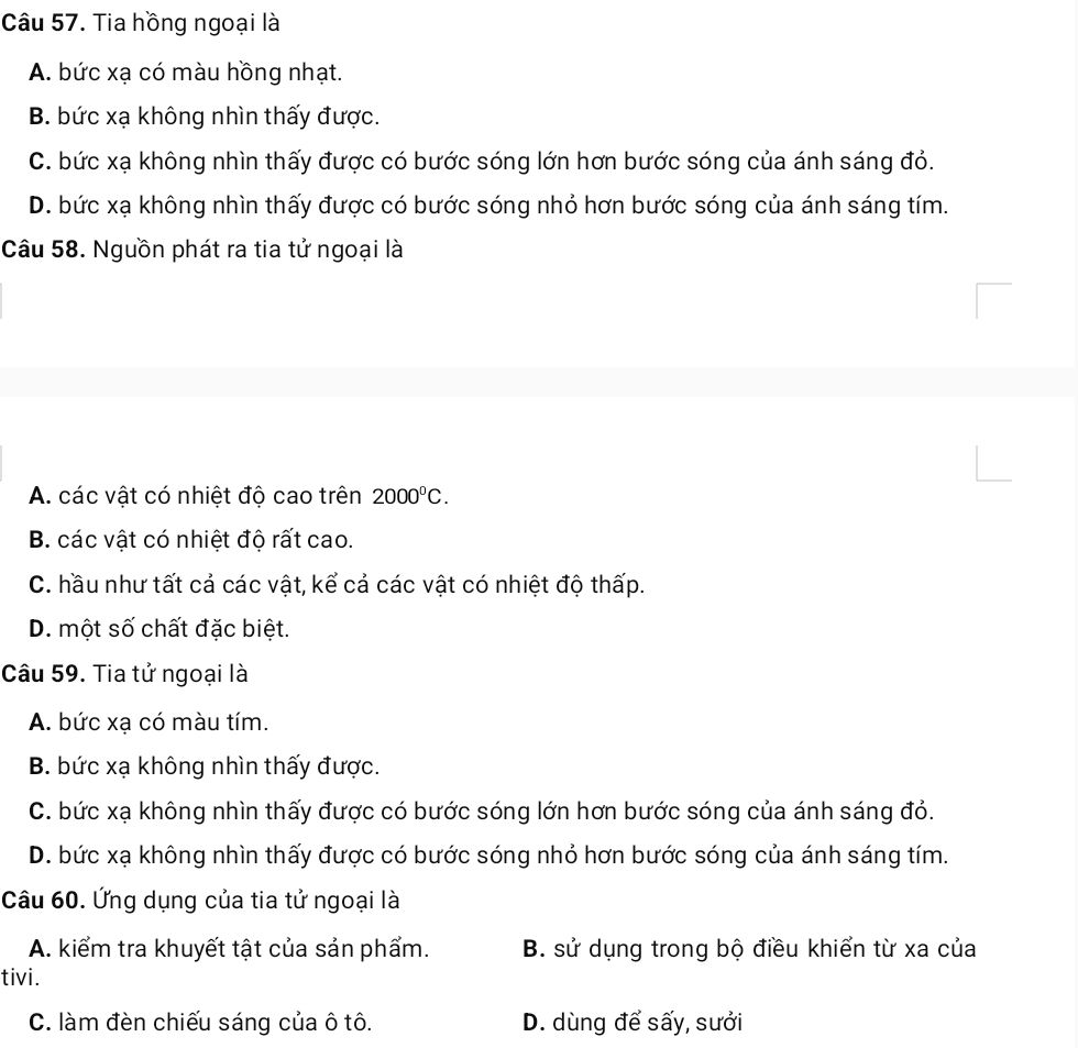 Bốn câu hỏi trắc nghiệm về tia hồng ngoại, tia tử ngoại và ứng dụng