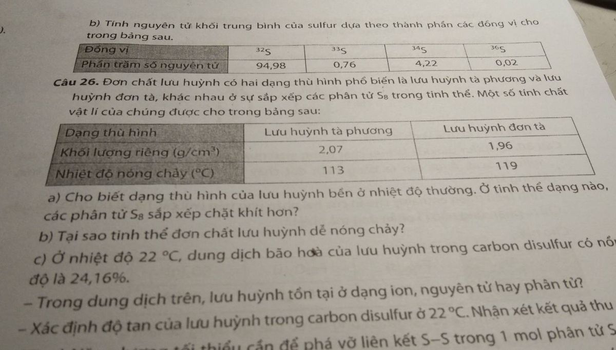 Bảng thành phần đồng vị của sulfur và câu hỏi về tính nguyên tử khối trung bình