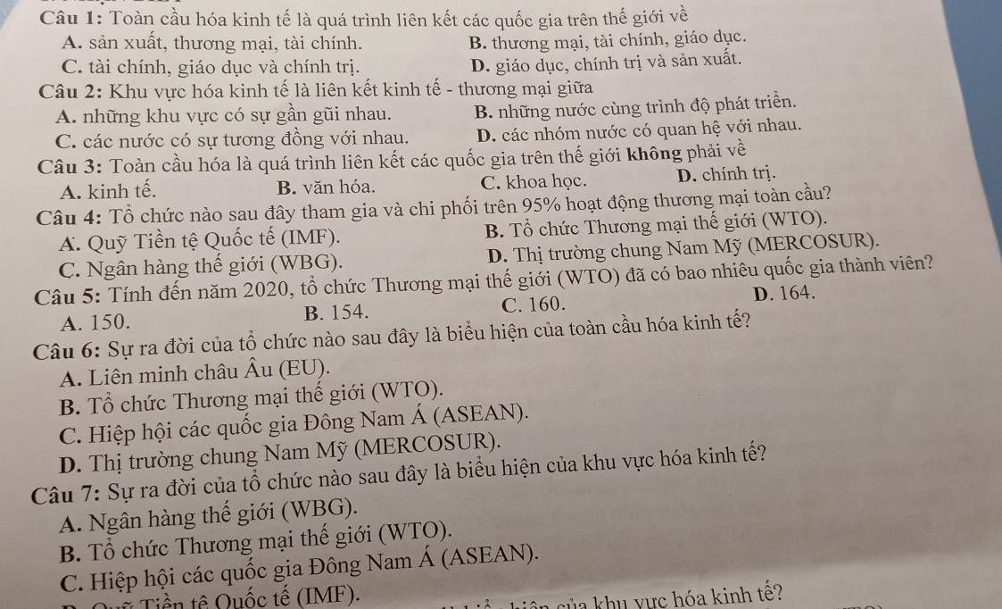 Sơ đồ minh họa toàn cầu hóa kinh tế với các lĩnh vực sản xuất, thương mại và tài chính giữa các quốc gia