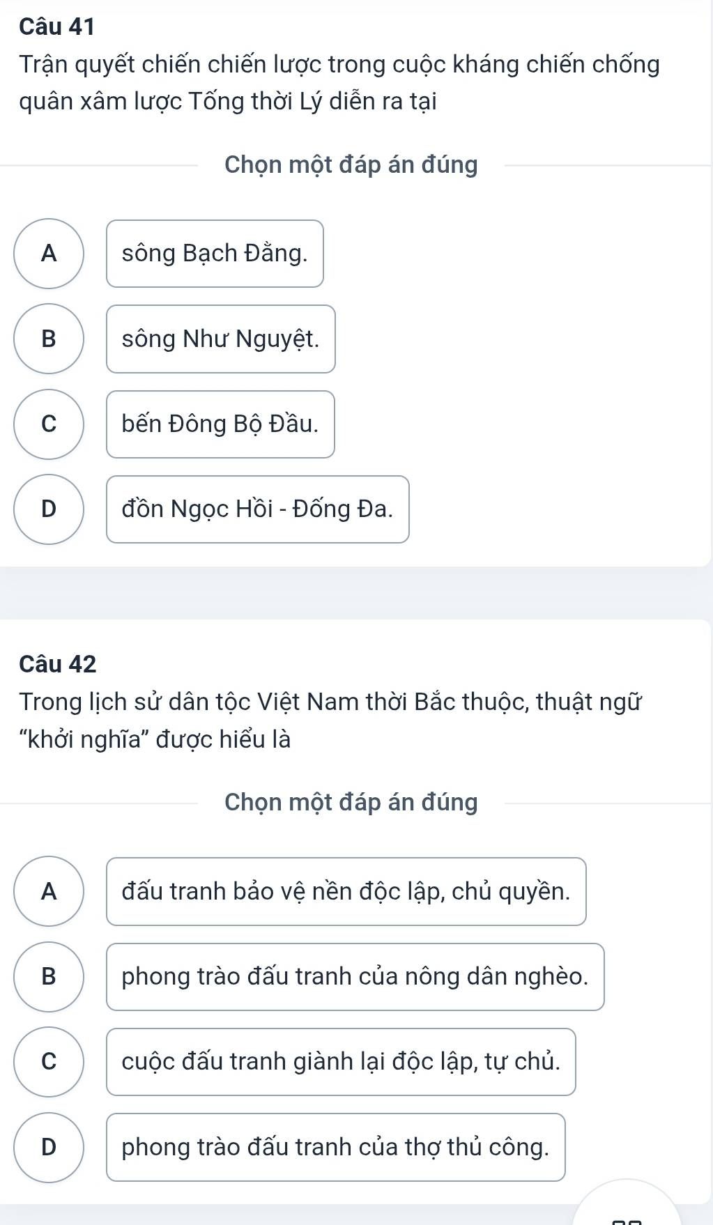 Câu hỏi trắc nghiệm về trận quyết chiến chống Tống thời Lý và thuật ngữ khởi nghĩa thời Bắc thuộc