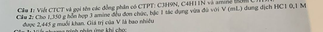 Bài tập viết công thức cấu tạo amin và tính thể tích HCl phản ứng