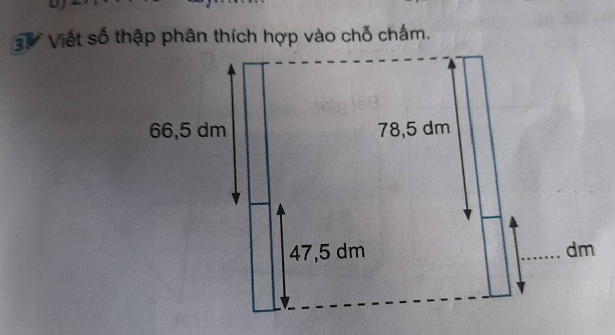 Đề bài viết số thập phân thích hợp vào chỗ chấm với kết quả 35,5 dm