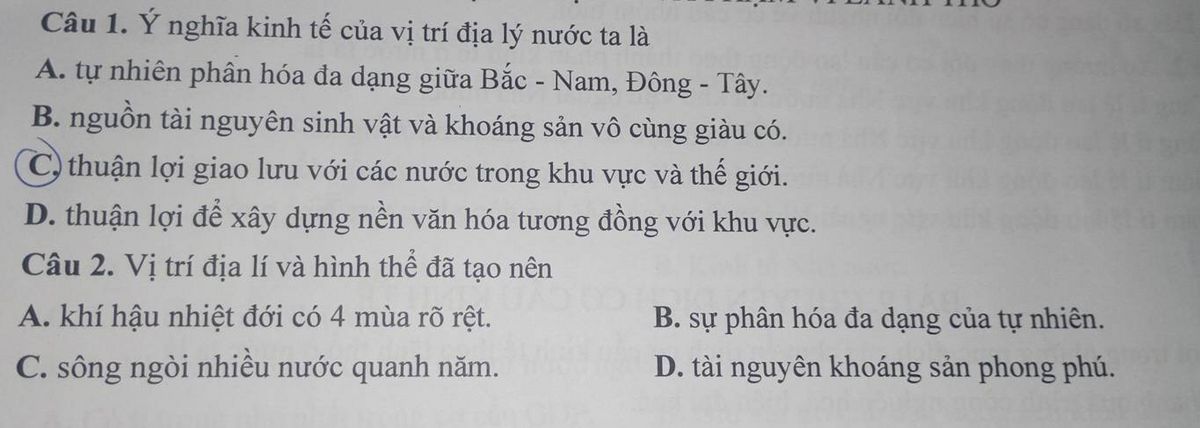 Hai câu hỏi về vị trí địa lý Việt Nam, ý nghĩa kinh tế và sự phân hóa tự nhiên